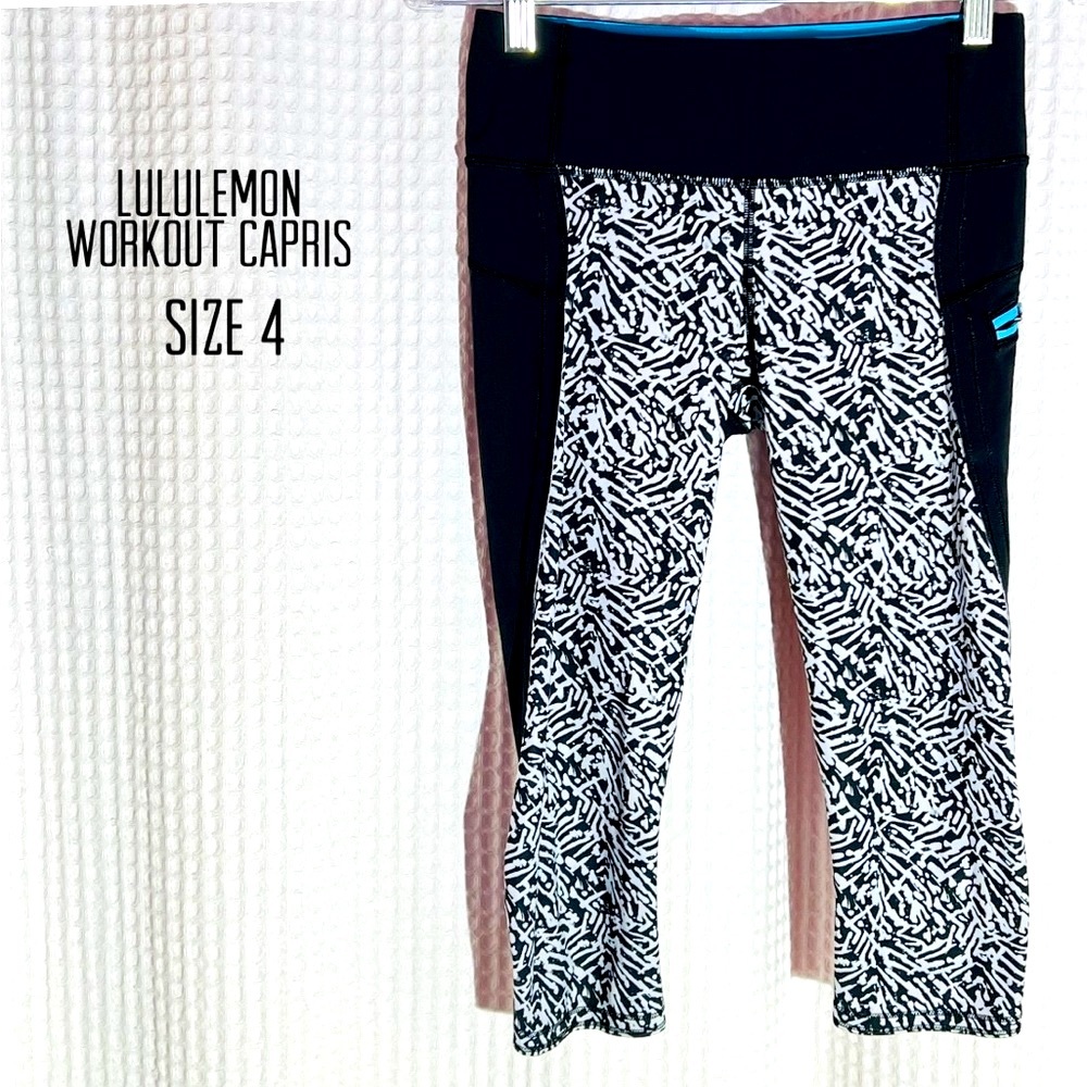 Lululemon women run top speed capris pant black white blue zip pocket crop Sz 4